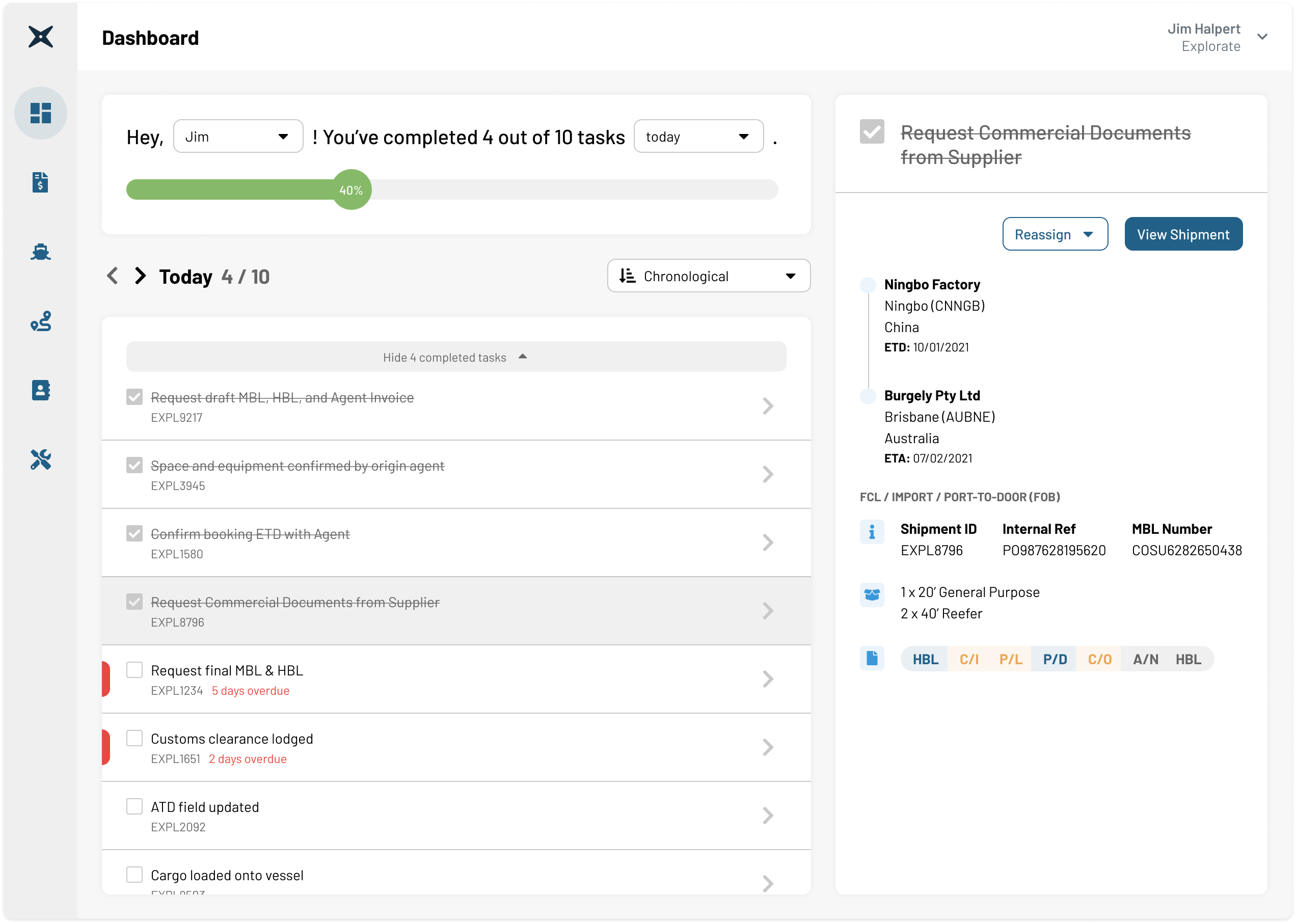 Explorate dashboard with daily tasks and shipment information
