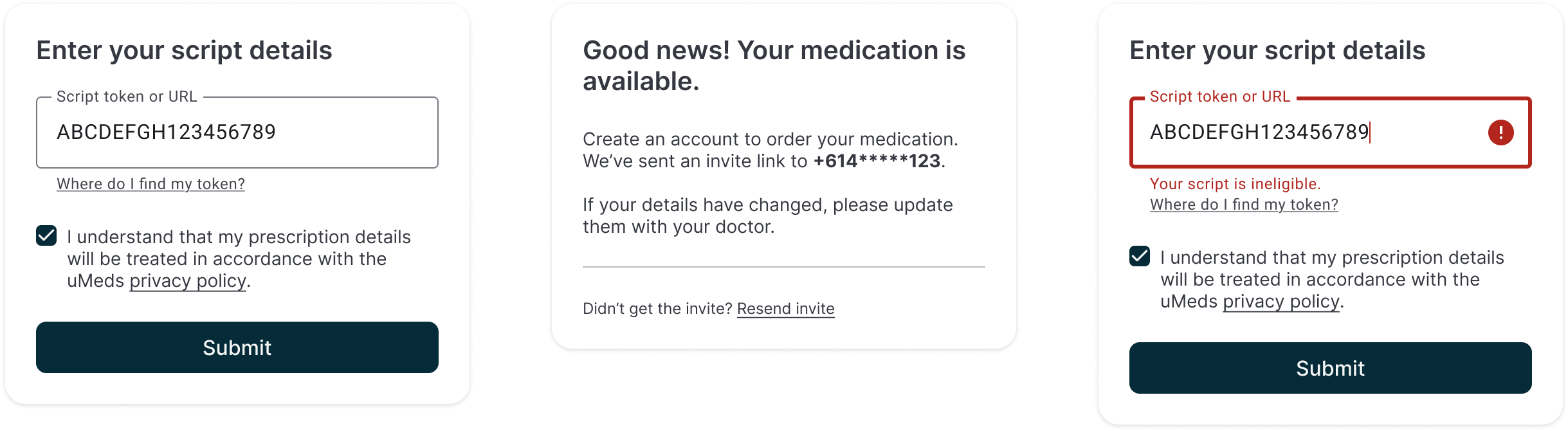 uMeds prescription eligibility entry and response screens