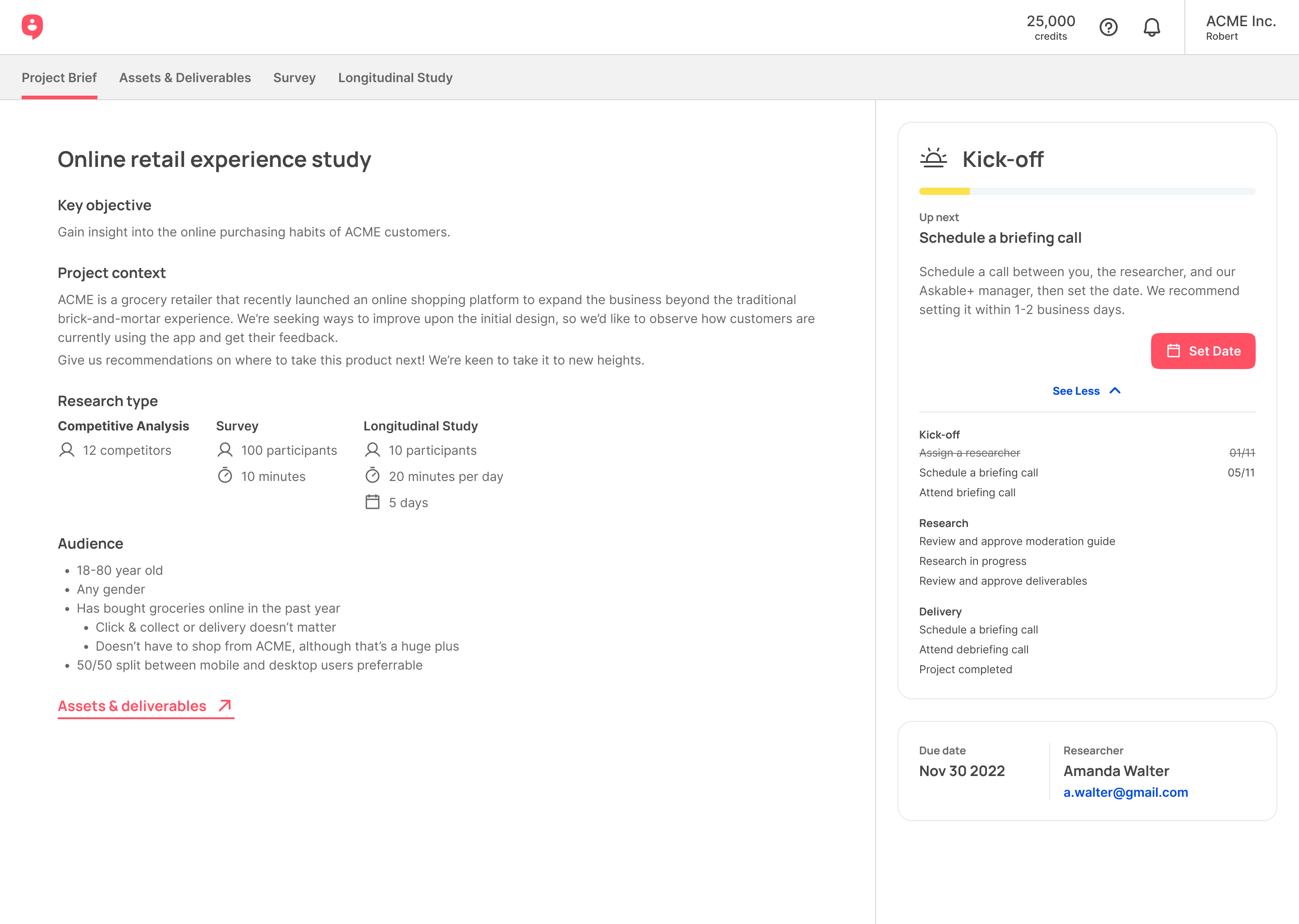 Askable+ project workspace showing research progress and next steps