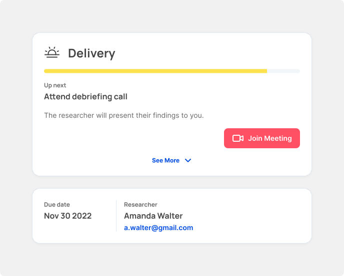 Delivery-stage progress panel showing final review and debriefing actions