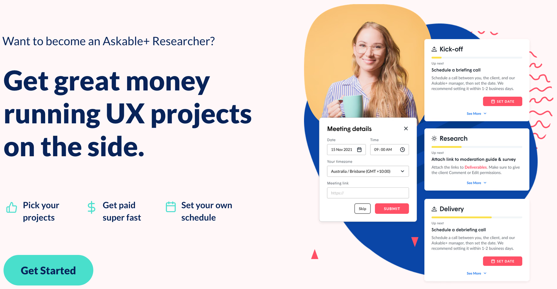 Askable+ researcher recruitment page promoting flexible projects and showing project-stage guidance