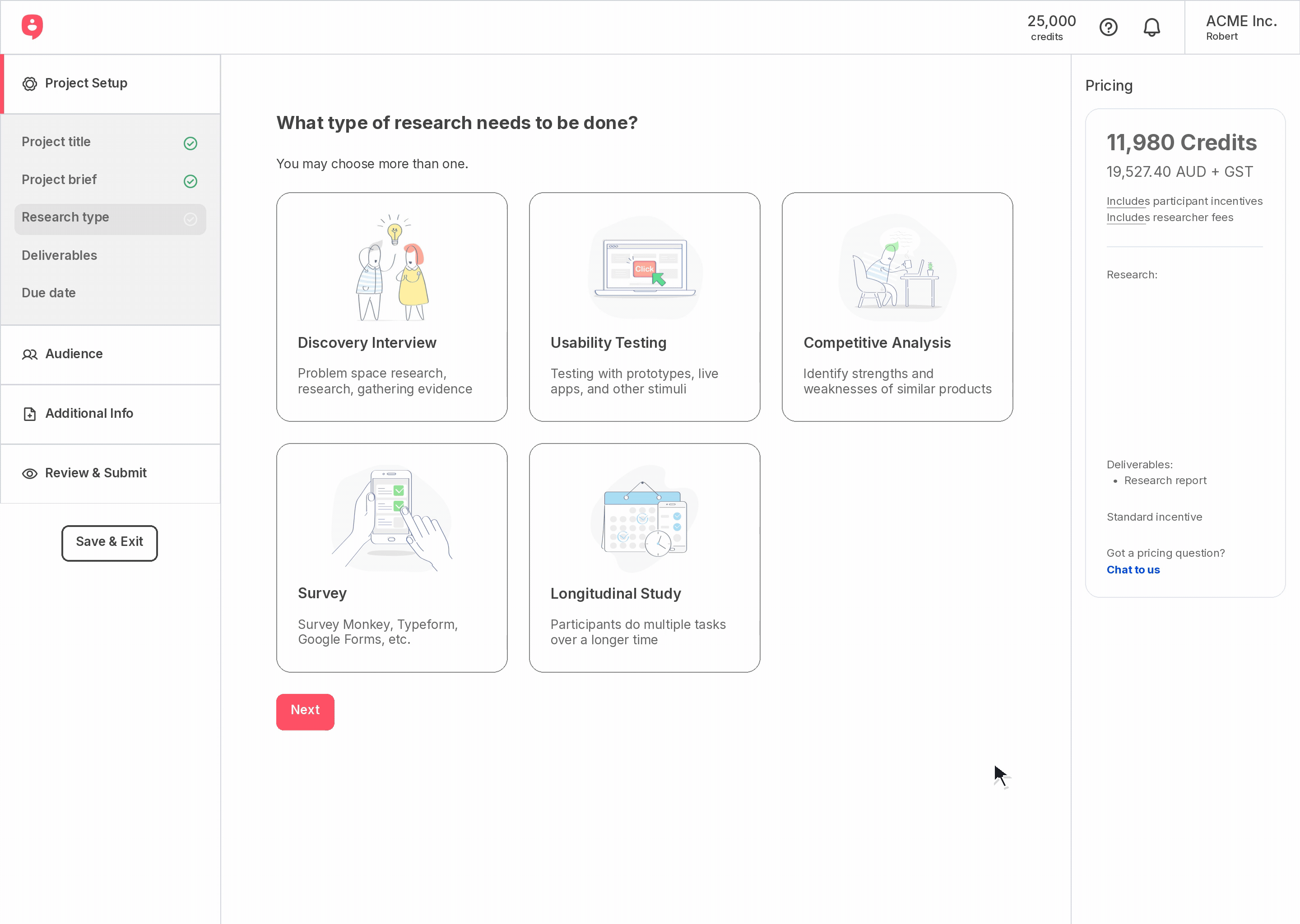 Askable+ guided project creation form with brief questions and pricing summary