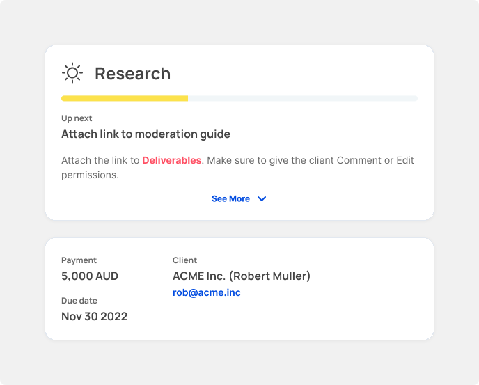 Research-stage progress panel prompting the researcher to attach a moderation guide