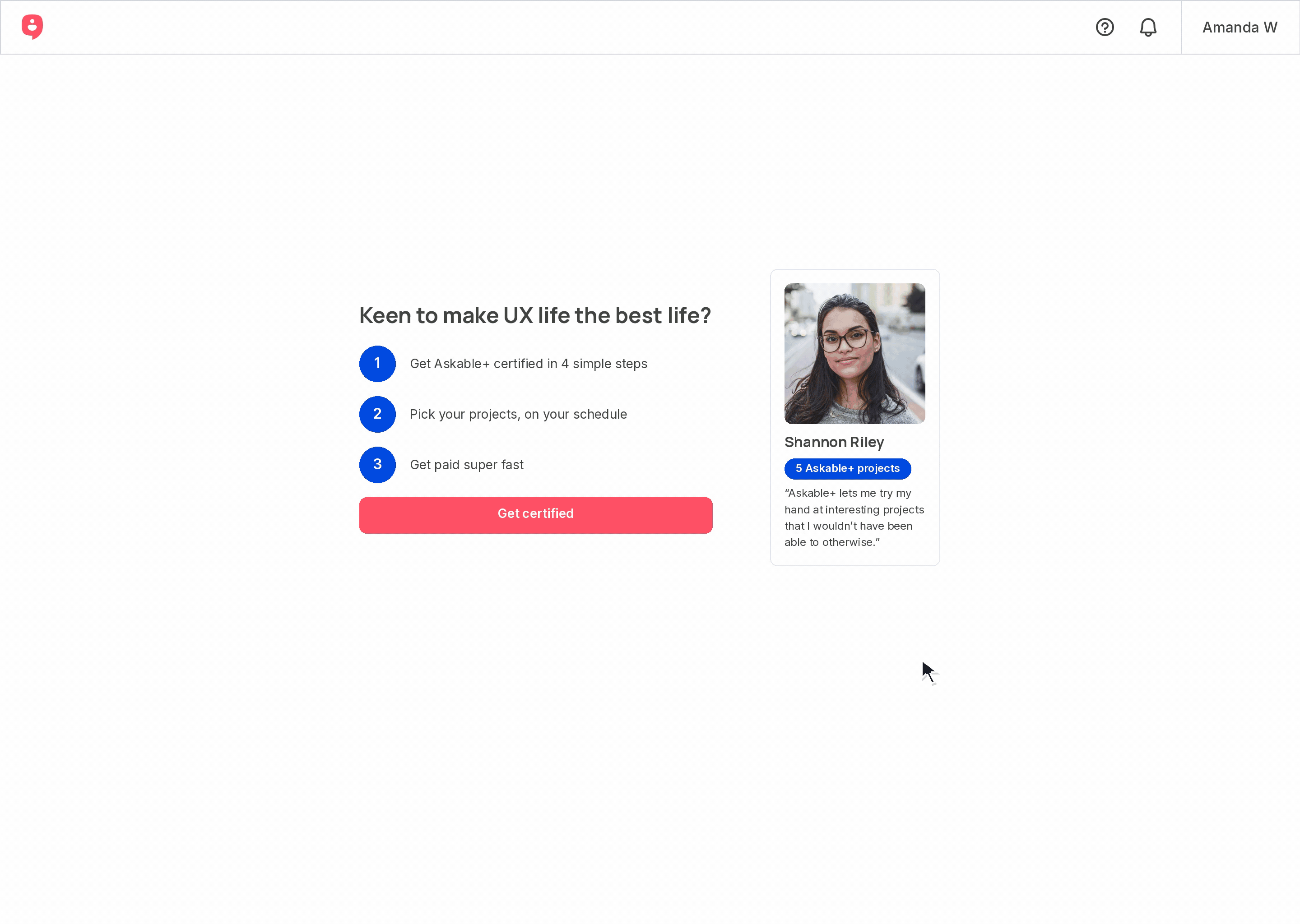 Researcher certification entry screen with a Get certified button and researcher testimonial