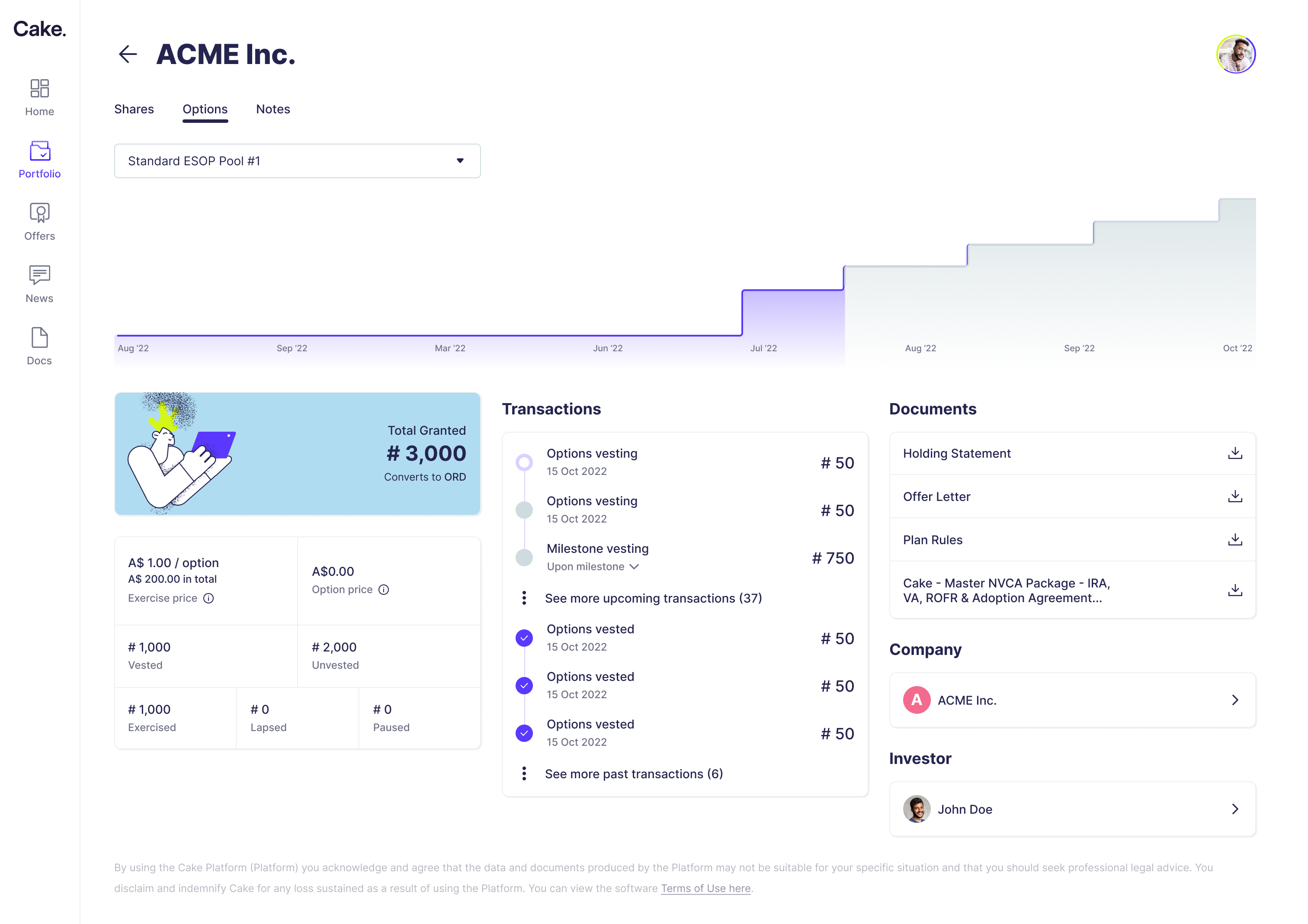Desktop equity overview with holdings, vesting schedule, and recent activity