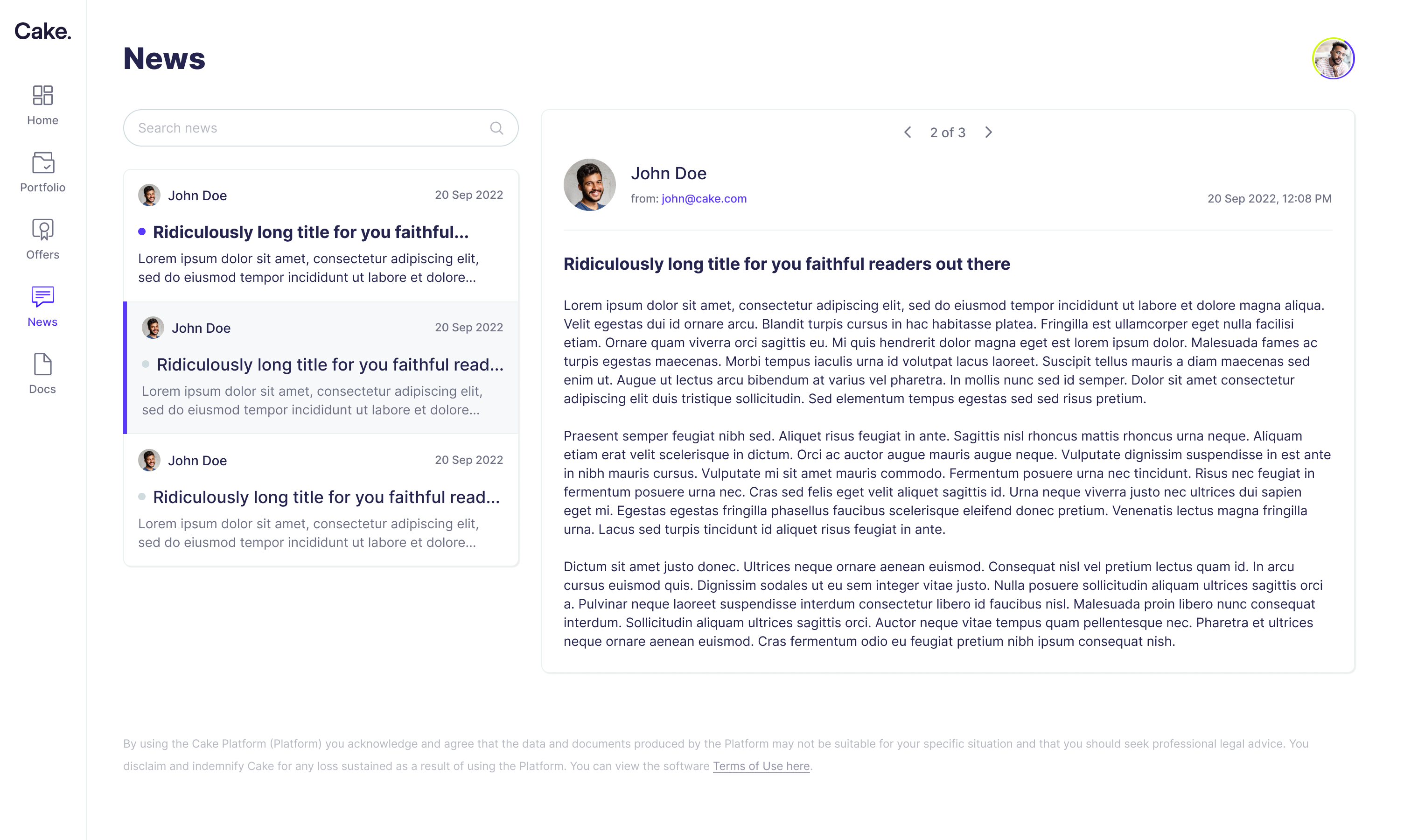 Desktop news reader with a company update list and article detail