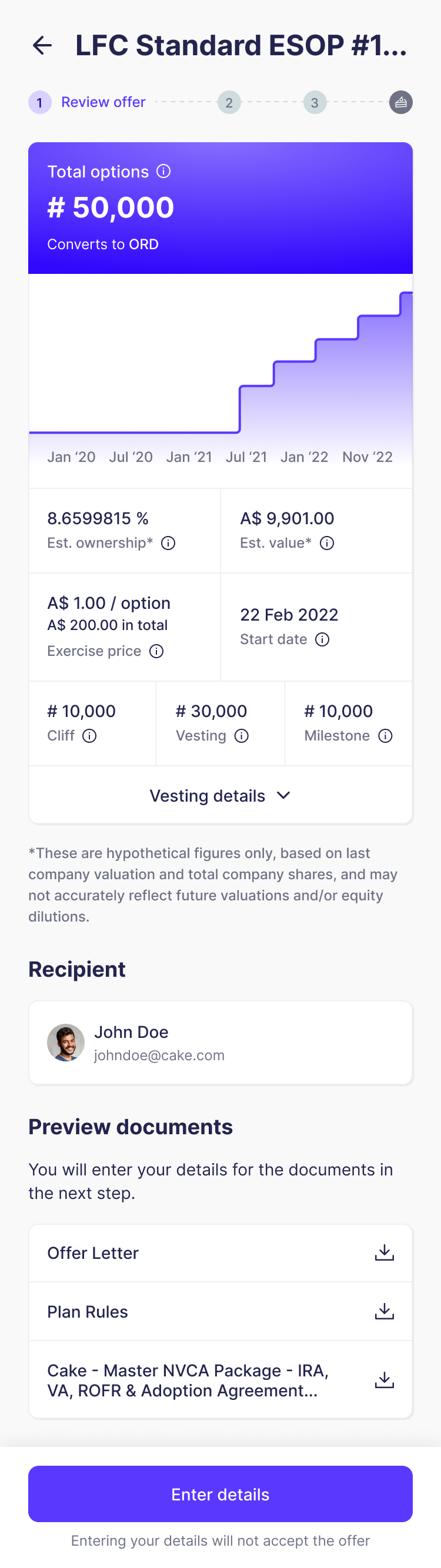 Mobile offer review with equity details and acceptance information