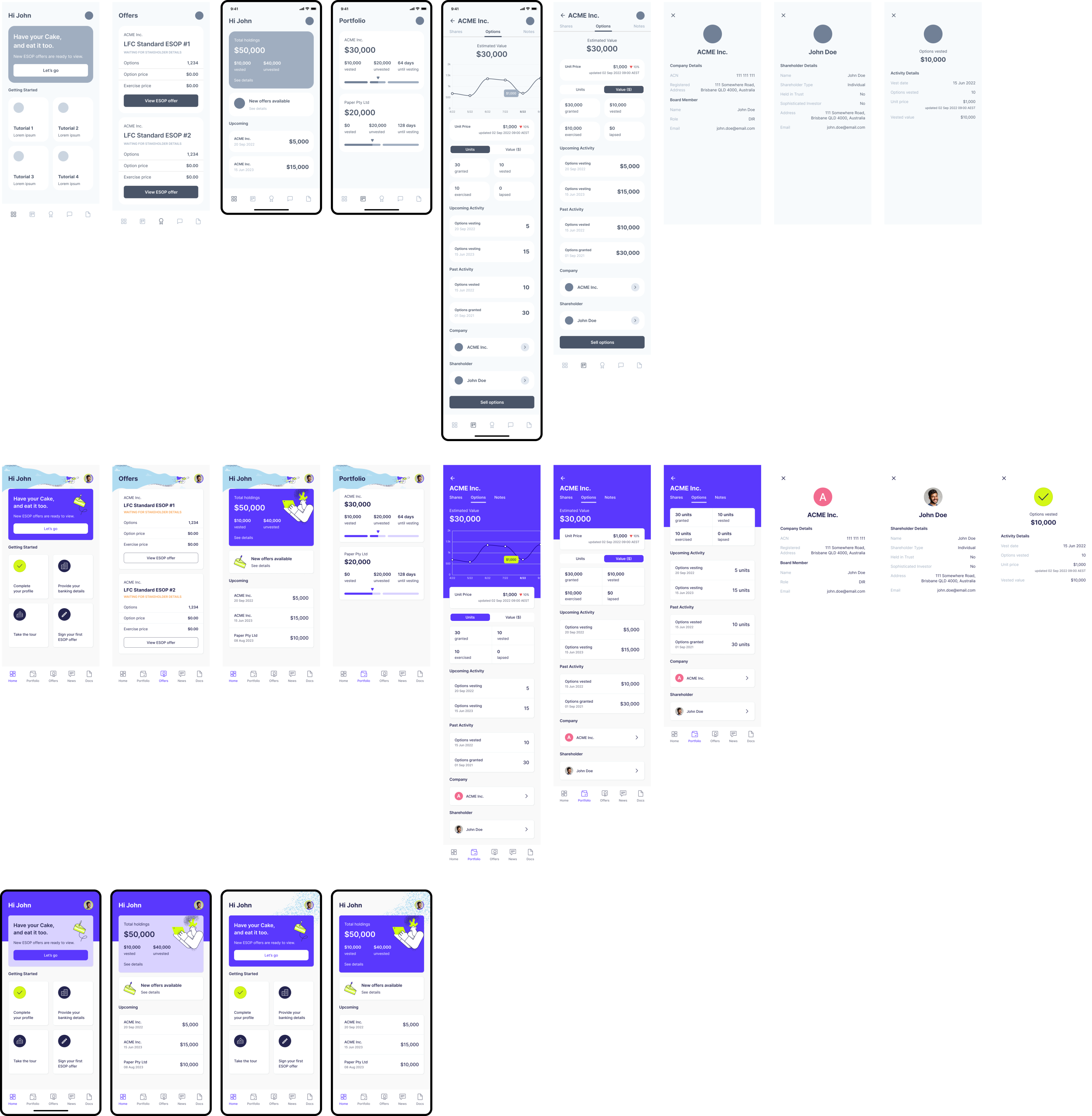 Progression from employee app wireframes to high-fidelity mobile screens covering balances, offers, and vesting
