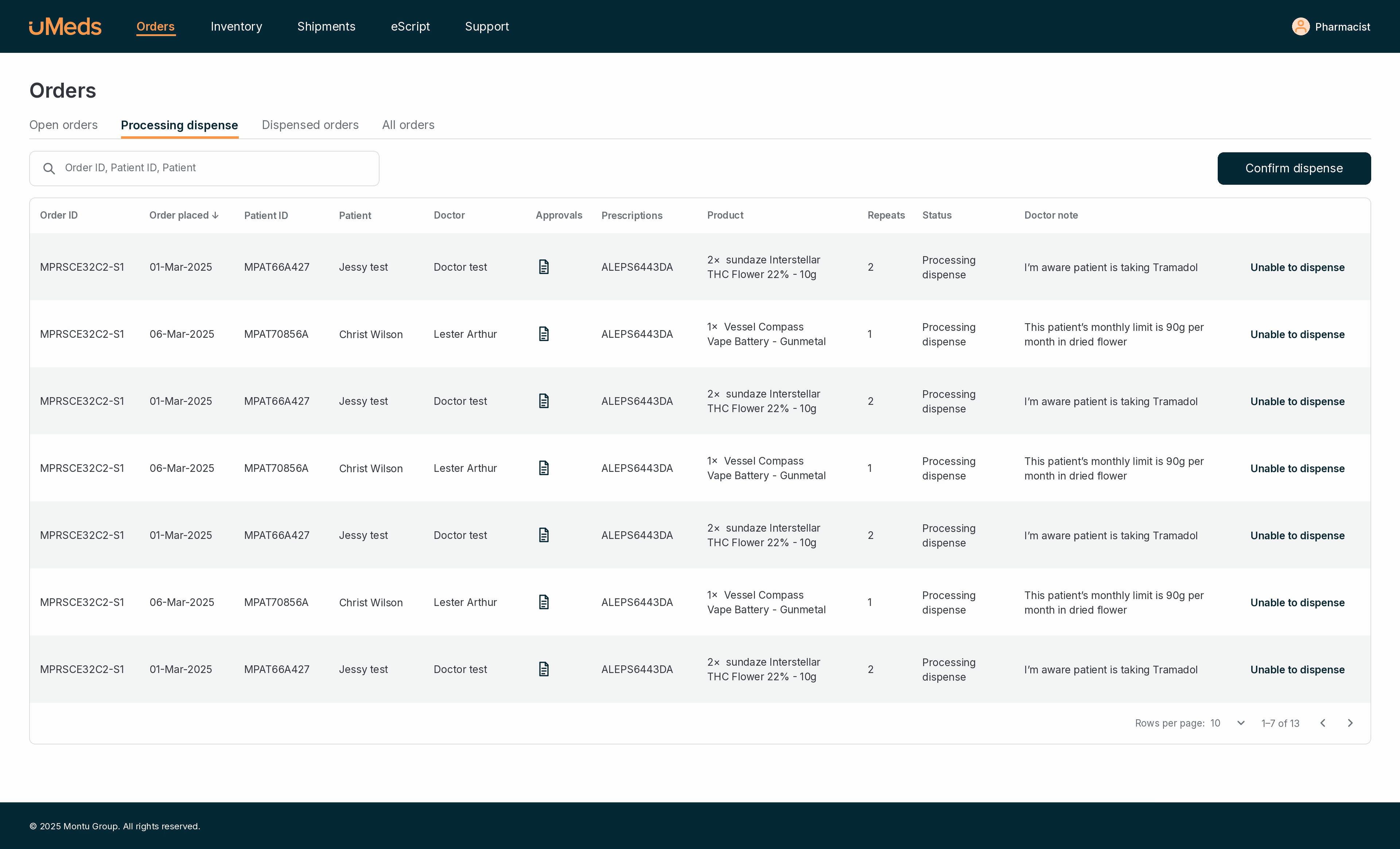 Pharmacist orders interface showing prescription and dispensing information alongside order details