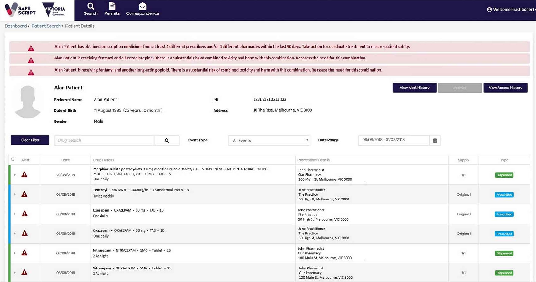 Real Time Prescription Monitoring interface displaying a patient’s dispensing history