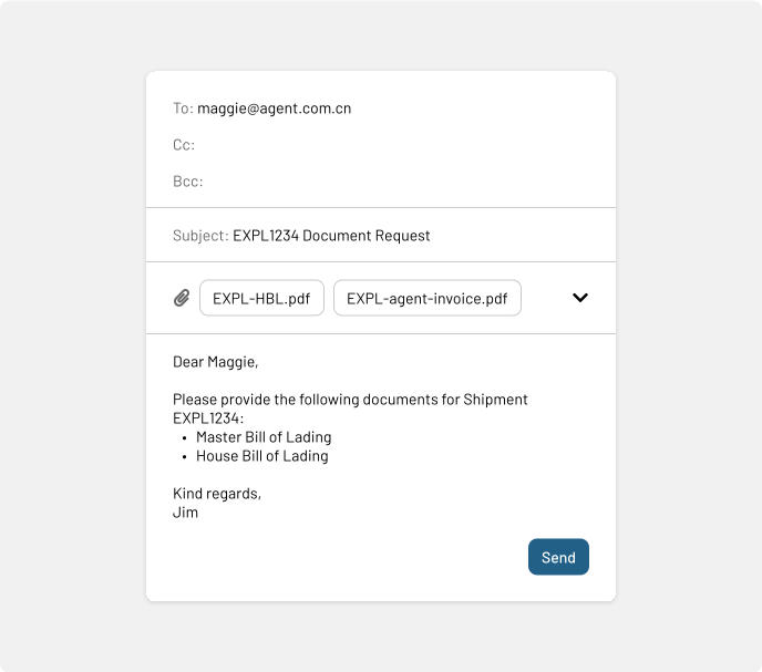 Email composer with recipient, message, and attachment controls
