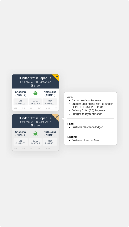 Yellow overdue ribbon and task details revealed on a shipment card