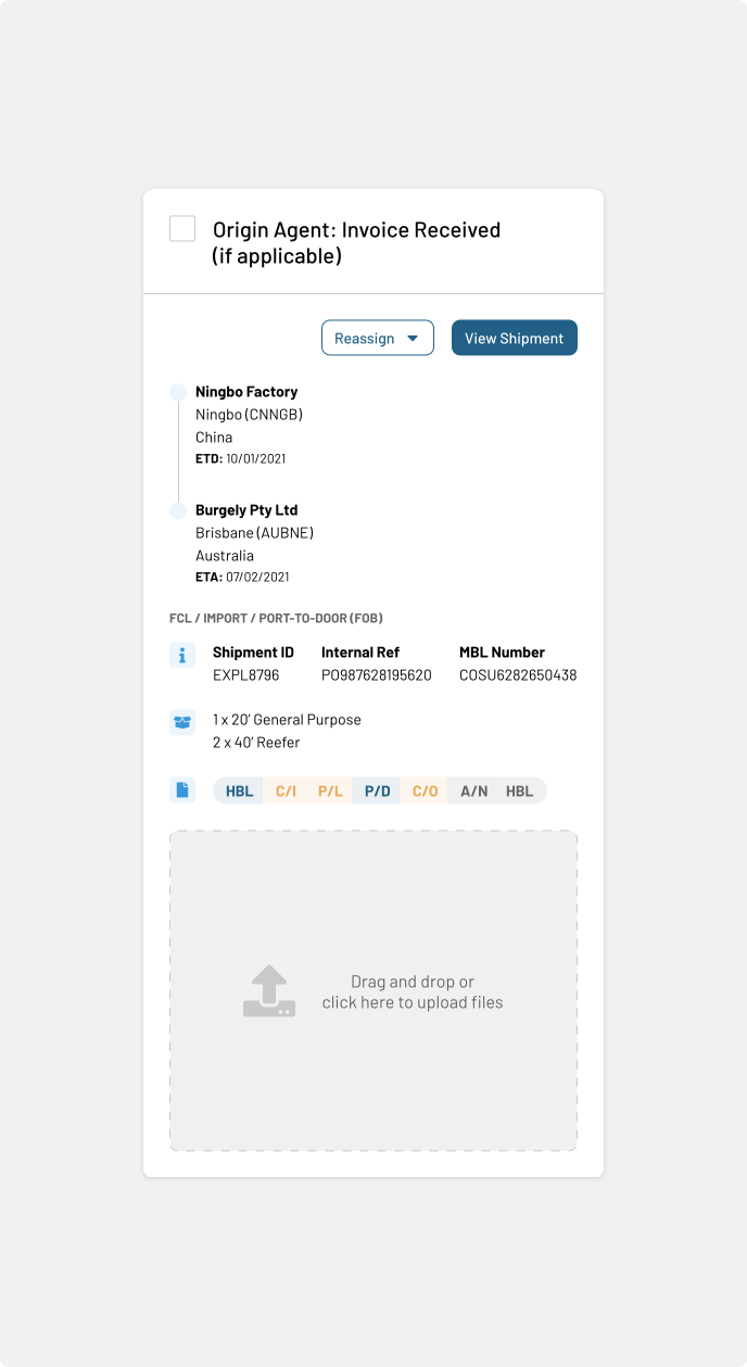 Shipment side panel with task context, vessel details, documents, and an action area