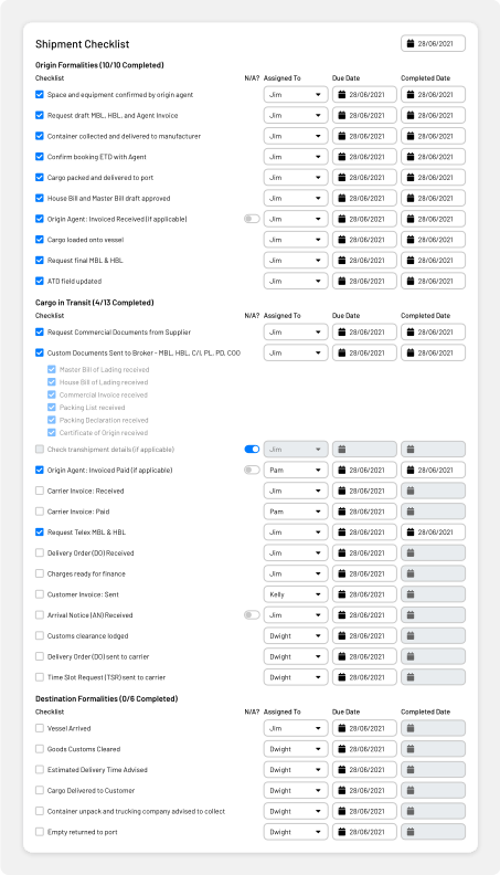 Long shipment checklist with assigned tasks, dates, and completion states