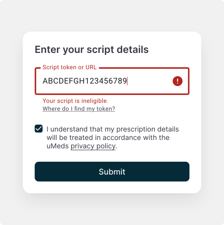 Script form with an ineligible prescription error for non-cannabis or generic scripts