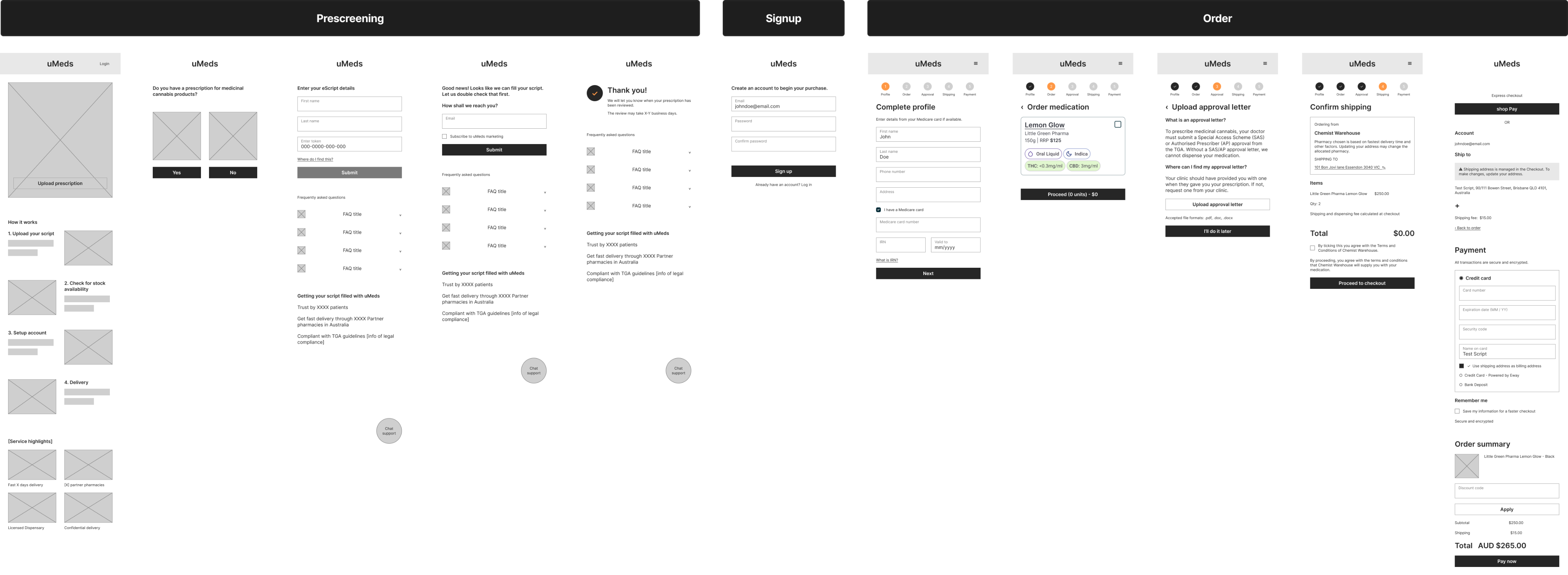Initial multi-screen onboarding wireframe with prescription details, patient information, and document upload steps