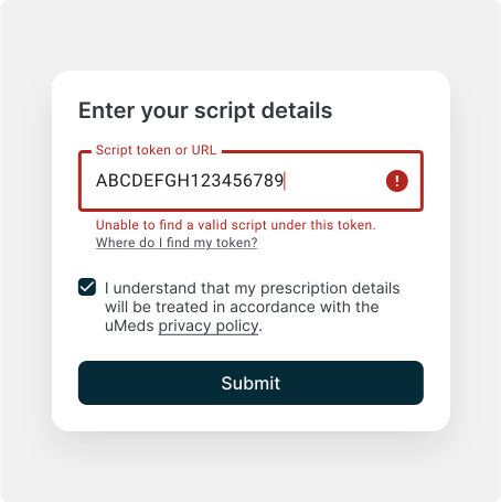 Script form explaining that no valid prescription could be found for the token