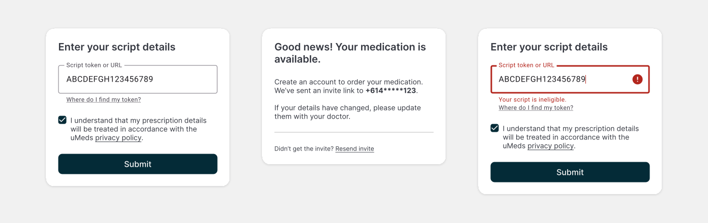 Prescription eligibility entry form, successful match, and ineligible prescription response